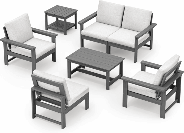 HDPE Outdoor Patio Furniture Set, 7-Piece Outdoor Sectional Patio Conversation Set, All Weather Outdoor Couch Set Patio Sofa Set for Deck, Lawn, Grey Frame with Khaki Cushion - Image 10
