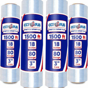 Stretch Wrap, Industrial Strength 4 Roll Clear, 18” X 1500 Feet, 80 Gauge (20 Micron), Heavy Duty Plastic Shrink Film for Packing, Wrapping, Bundling, Shipping, Pallets, and Moving Essentials