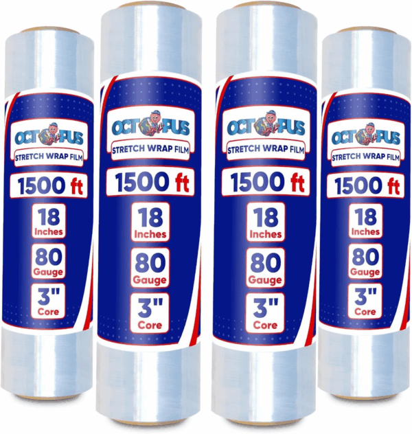 Stretch Wrap, Industrial Strength 4 Roll Clear, 18” X 1500 Feet, 80 Gauge (20 Micron), Heavy Duty Plastic Shrink Film for Packing, Wrapping, Bundling, Shipping, Pallets, and Moving Essentials