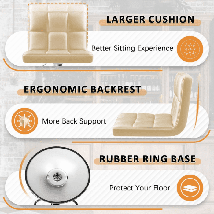 Bar Stools Modern PU Leather Adjustable Swivel Barstools, Armless Hydraulic Kitchen Counter Bar Stool Extra Height Square Island Barstool with Back Set of 2 (Leather, Beige) - Image 6