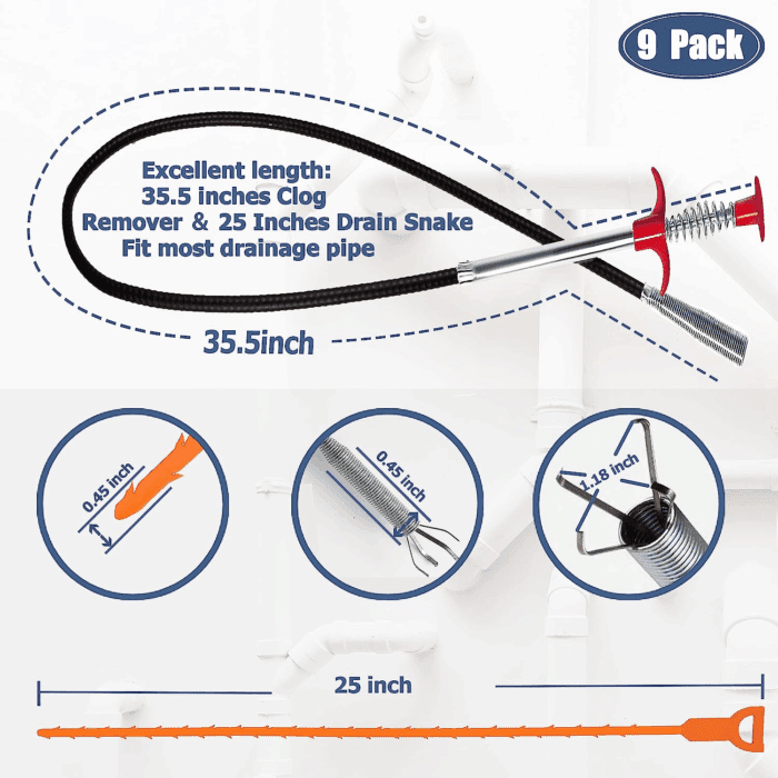 35.5Inch Drain Clog Remover(1Pcs), 25Inch Drain Snake Hair Remover(6Pcs) ＆ Cleaning Brush(2Pcs), Hair Catcher Drain Auger Cleaner Tool Set for Toilet, Kitchen Sink, Bathroom Tub, Sewer, 9 Pack - Image 2