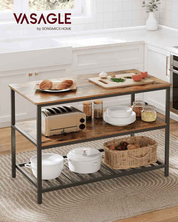 Kitchen Island with 3 Shelves, 47.2 Inches Width Kitchen Shelf with Large Worktop, Stable Steel Structure, Industrial, Easy to Assemble, Rustic Brown and Black UKKI01BX - Image 6