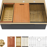 33 Drop in Kitchen Sink Workstation Gold 33X22 Drop in Sinks Stainless Steel 16 Gauge Single Bowl Handmade Topmount Kitchen Sink with Cutting Board - Image 9