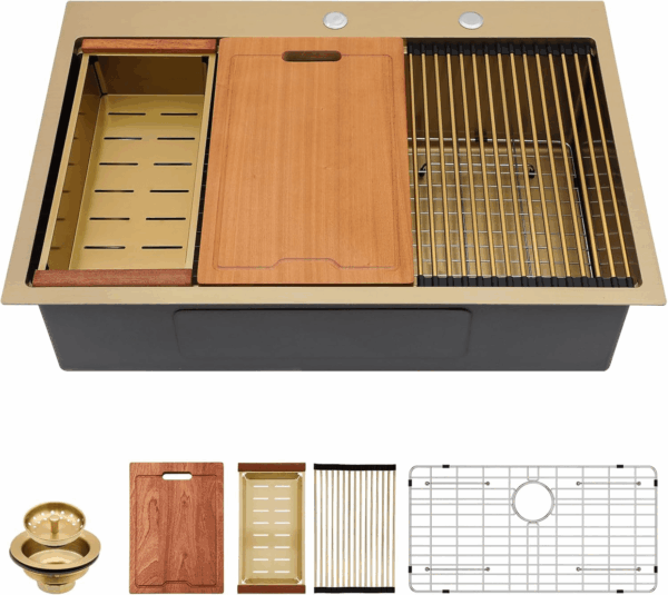 33 Drop in Kitchen Sink Workstation Gold 33X22 Drop in Sinks Stainless Steel 16 Gauge Single Bowl Handmade Topmount Kitchen Sink with Cutting Board - Image 9