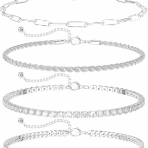Dainty Silver Ankle Bracelets for Women Waterproof, S925 Sterling Silver Anklets Jewelry Layered Cuban Chain Herringbone Cute Anklets Set Pack Summer Beach Gift for Women Teen