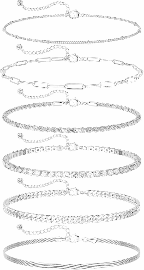 Dainty Silver Ankle Bracelets for Women Waterproof, S925 Sterling Silver Anklets Jewelry Layered Cuban Chain Herringbone Cute Anklets Set Pack Summer Beach Gift for Women Teen