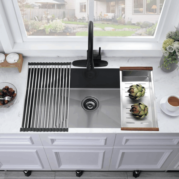 27 Inch Black Undermount Sink - 27X19 Undermount Kitchen Sink Deep Single Bowl Stainless Steel Black Kitchen Sink with Colander - Image 3