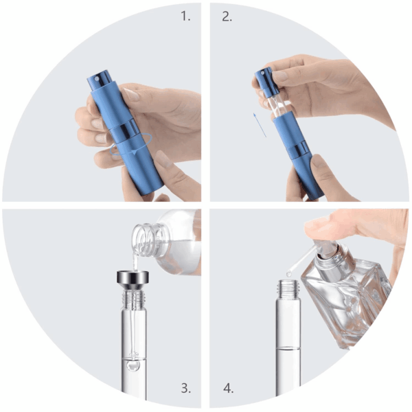 8Ml Portable Mini Perfume Atomizer(4 Pcs)，Refillable Empty Small Spray Bottle for Travel, Twist Tpye Pocket Cologne Sprayer (Matte Black, Pink, Blue, Silver) - Image 5