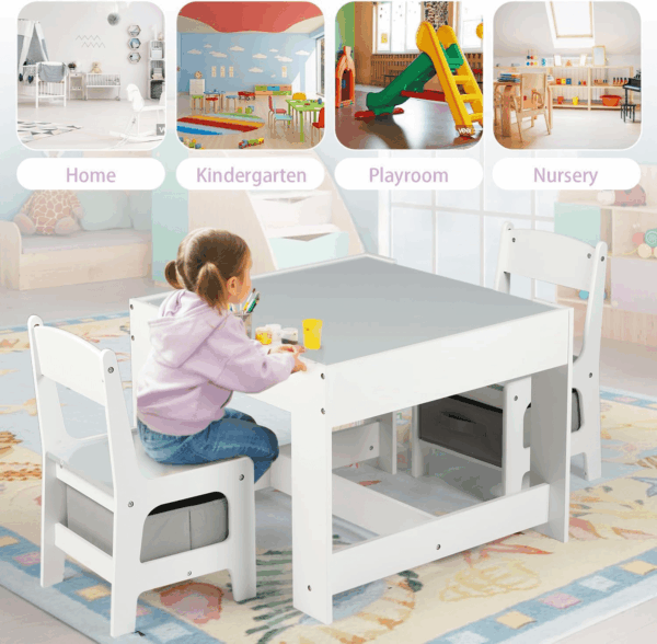 Kids Wood Table & 2 Chairs Set, 3 in 1 Children Activity Table W/Storage, Removable Tabletop, Blackboard, 3-Piece Toddler Furniture Set for Art, Crafts, Drawing, Reading, Playroom, Grey - Image 7
