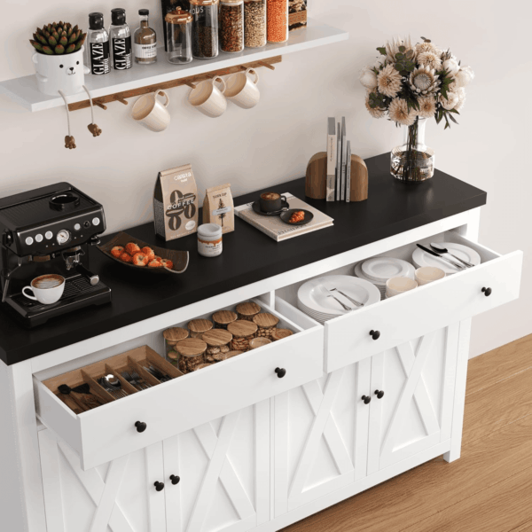 Sideboard Buffet with Storage, 55" Large Kitchen Cabinet with 2 Drawers and 4 Doors, Wood Coffee Bar Cabinet Buffet Table for Kitchen Dining Room, White and Black - Image 7