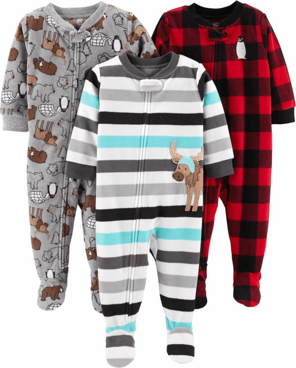 Toddlers and Baby Boys' Loose-Fit Flame Resistant Fleece Footed Pajamas, Pack of 3