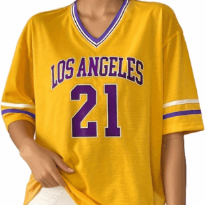 American Jersey for Women Oversized Graphic Stripe Trim V Neck Drop Shoulder Summer Tshirts