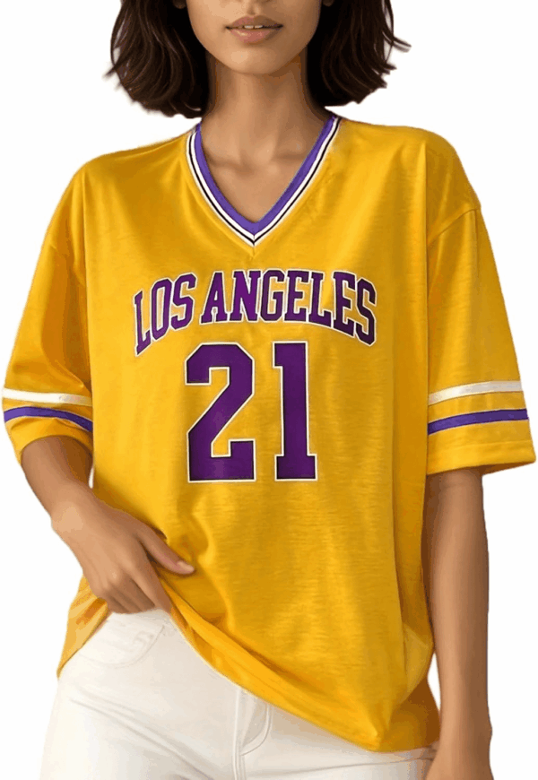 American Jersey for Women Oversized Graphic Stripe Trim V Neck Drop Shoulder Summer Tshirts