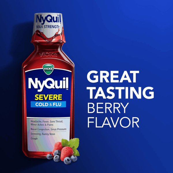 Nyquil SEVERE Cold, Flu, and Congestion Medicine, 2X12 Fl Oz Twin Pack, Berry Flavor, Maximum Strength, Nighttime Relief - Image 5