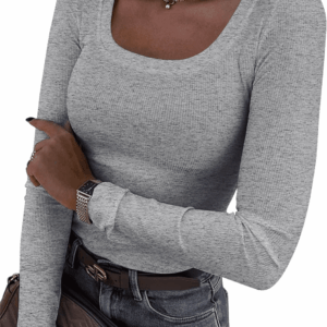 Womens Long Sleeve Scoop Neck Ribbed Knit Fitted Casual Tops Tee Slim Basic Shirts