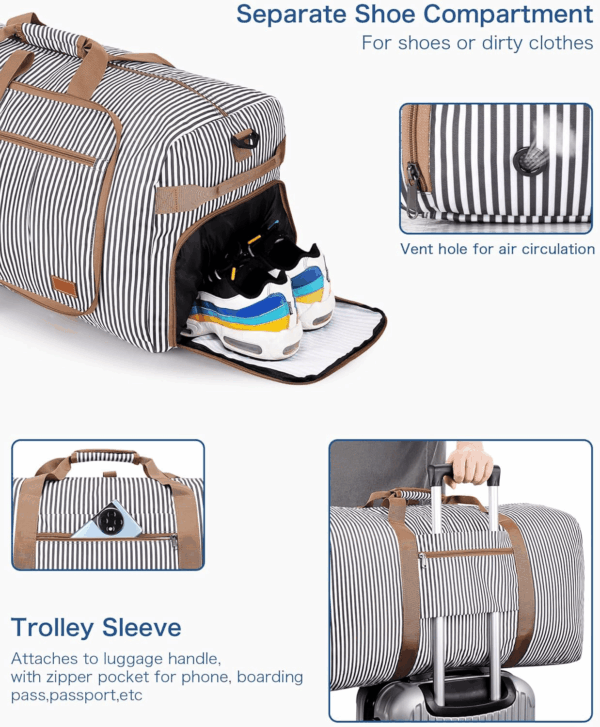 120L Travel Duffle Bag for Men and Women, Large Foldable Duffel Bag for Travel with Shoe Compartment Overnight Weekender Bag Gym Bag Water & Tear Resistant (Stripe, 120L) - Image 3