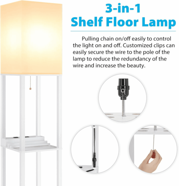 Shelf Lamp, Modern Standing Lights with 1 USB Port and 1 Type C Port and 1 Power Outlet, 3-Tiered Display Floor Lamps with Shelves for Living Room, Bedroom, Office - White - Image 6