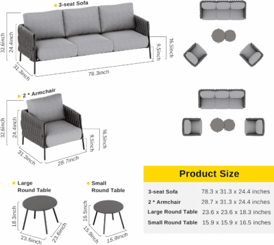 Life Chatter Patio Furniture Set 5 Pieces, Outdoor Furniture 5-Seat Sofa with Two round Coffee Table, Waterproof Thick Cushion Deep Seating for Porch, Balcony, Earth Black & Misty Grey - Image 2