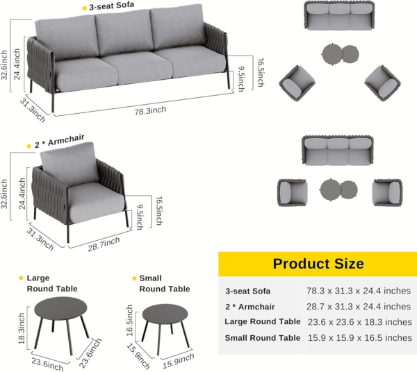 Life Chatter Patio Furniture Set 5 Pieces, Outdoor Furniture 5-Seat Sofa with Two round Coffee Table, Waterproof Thick Cushion Deep Seating for Porch, Balcony, Earth Black & Misty Grey - Image 2