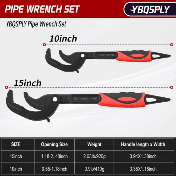 Pipe Wrench Set, 10” and 15” Self Adjusting Wrench 2-Piece Plumbing Tools - Pipe Vise Wrench Basin Wrench for 0.55“-2.48”/14-60Mm Standard Nuts, Irregular Nuts, Pipes Use - Image 2