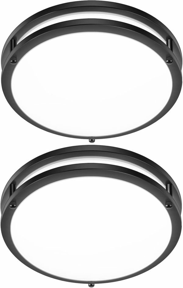 12 Inch Flush Mount Ceiling Lights, 36W 3200LM Black Dimmable Light Fixtures Ceiling Mount, 3000K-5000K Selectable Modern Kitchen Light Fixtures for Stairwell, Balcony, Corridor, Laundry (2-Pack)