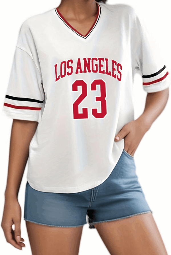 American Jersey for Women Oversized Graphic Stripe Trim V Neck Drop Shoulder Summer Tshirts - Image 5