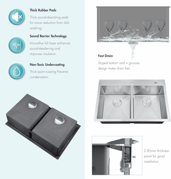 33 Inch Large Double Bowls Drop in Kitchen Sink,Nano Coating Stainless Steel Handmade Topmount Kitchen Sink - Image 6