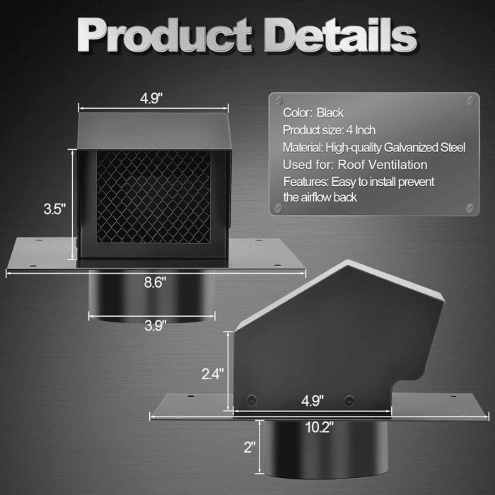 4 Inch Roof Vent Cap, Heavy Duty Galvanized Steel Removable Roof Exhaust Vents for Houses, Home Ventilation System with Damper, Black - Image 2