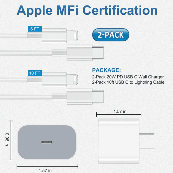 Iphone Charger Fast Charging 2 Pack Type C Wall Charger Block with 2 Pack [6FT&10FT] Long USB C to Lightning Cable for Iphone 14/13/12/12 Pro Max/11/Xs Max/Xr/X,Airpods Pro - Image 5