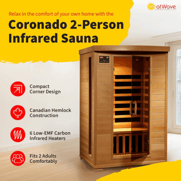 HEATWAVE Radiant Saunas 2-Person Hemlock Infrared Sauna with 6 Carbon Heaters, Chromotherapy Lighting, Oxygen Ionizer - Image 2
