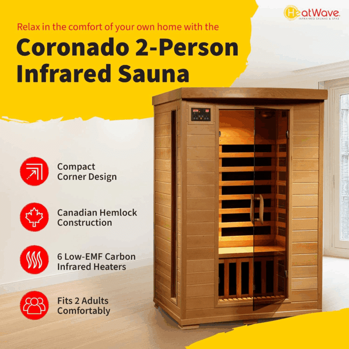 HEATWAVE Radiant Saunas 2-Person Hemlock Infrared Sauna with 6 Carbon Heaters, Chromotherapy Lighting, Oxygen Ionizer - Image 2