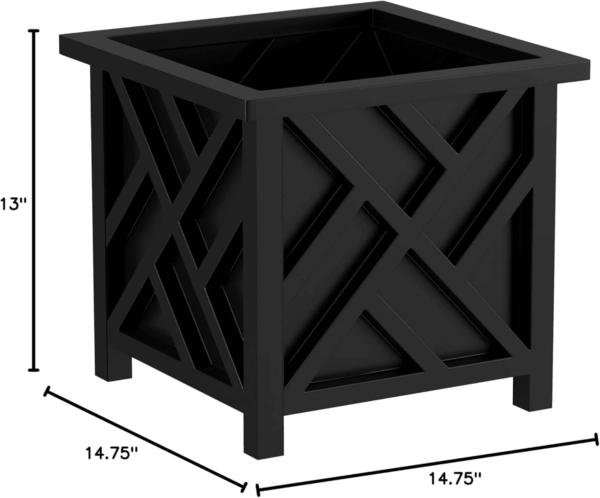 Lattice Design Planter Box – 14.75-Inch-Square Decorative Outdoor Flower or Plant Pot – Front Porch, Patio, and Garden Decor (Black) - Image 7