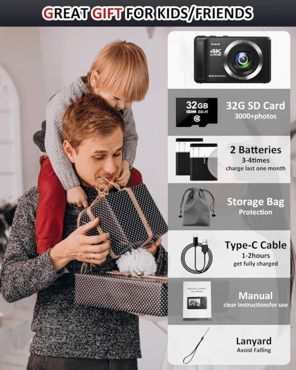 Digital Camera - 4K 44MP UHD Digital Cameras for Photography - Autofocus Point and Shoot Vlogging Camera with 16X Zoom, 32GB SD Card, 2 Batteries - Compact Small Cameras for Kids Teens Boys Girls - Image 7