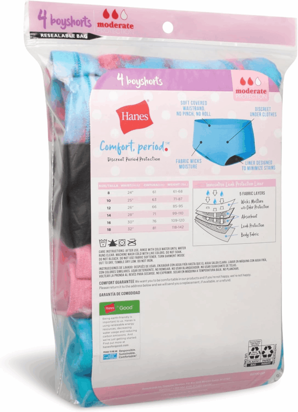 Girls' Comfort, Period. Boys'Hort & Hipster Period Underwear, Moderate Protection, Multi-Pack - Image 5