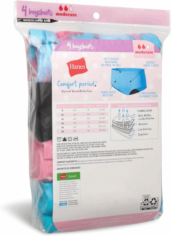 Girls' Comfort, Period. Boys'Hort & Hipster Period Underwear, Moderate Protection, Multi-Pack - Image 5