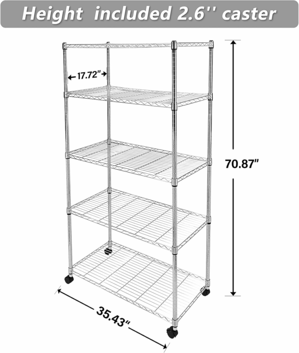 Heavy Duty 5-Shelf Storage Shelves, 1750Lb Loading Capacity, 35.43" W X 17.72" D X 70.87" H Adjustable Shelving Unit with Wheels, Chrome, 2 Pack - Image 3