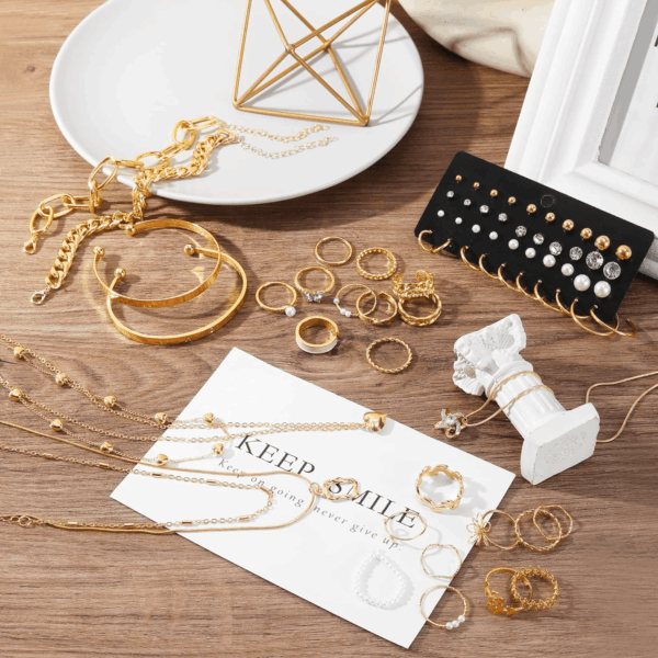 36 PC Gold Plated Jewelry Set with 4 Necklace, 11 Bracelet, 7 Ear Cuffs Earring, 14 Knuckle Rings for Women Girls Valentine Anniversary Birthday Friendship Gift - Image 6