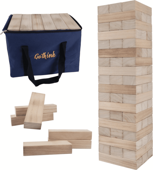 Giant Tumble Tower Game, Large Tumbling Tower Stack to over 4 FT 54Pcs Wooden Jumbo Blocks for outside Yard Games with Carry Case Timber Stacking Game Night Toy Gift for Kids Adults Family