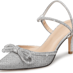 Women'S Closed Toe Rhinstone Wedding Low Heel Slingback Clear Kitten Heels,Adjustable Strap Pointed Toe Bow Pumps High Heeled Prom Dress Shoes