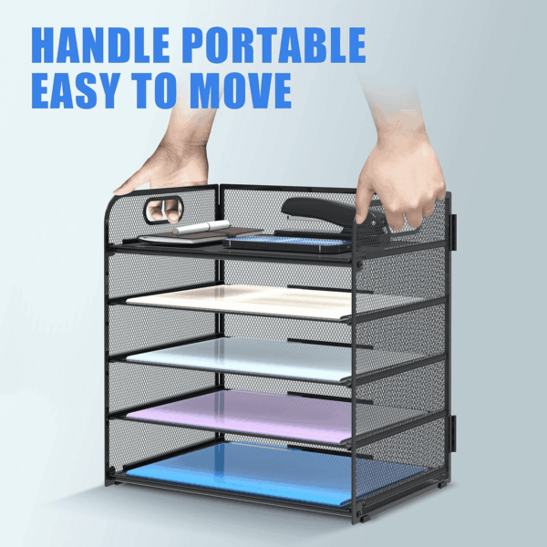 2 Pack 5-Tier Desk Organizer with Handle Mesh Desk File/Paper Organizer Letter Tray for Office, School and Home Easy Installation, Black - Image 5