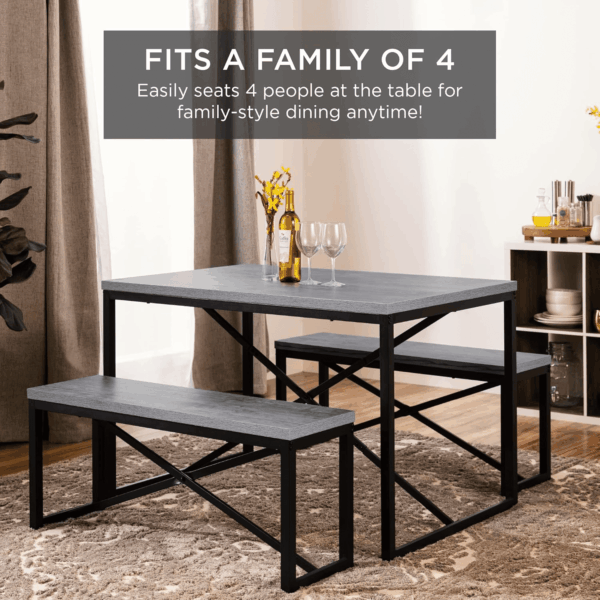45.5In 3-Piece Bench Style Dining Furniture Set, 4-Person Space-Saving Dinette for Kitchen, Dining Room W/ 2 Benches, Table - Gray/Black - Image 2