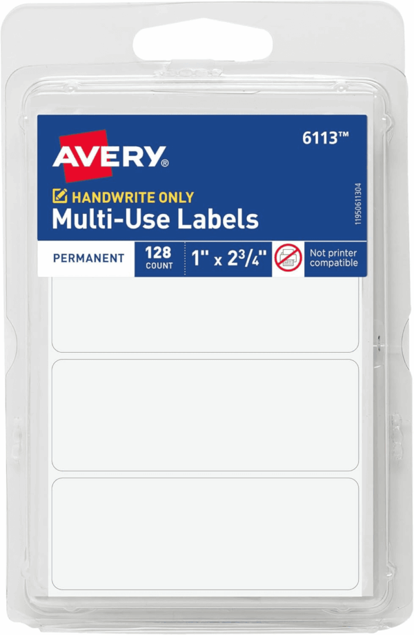 Multi-Use Permanent Labels, 1" X 2.75", White, Non-Printable, 128 Blank Labels Total (6113)