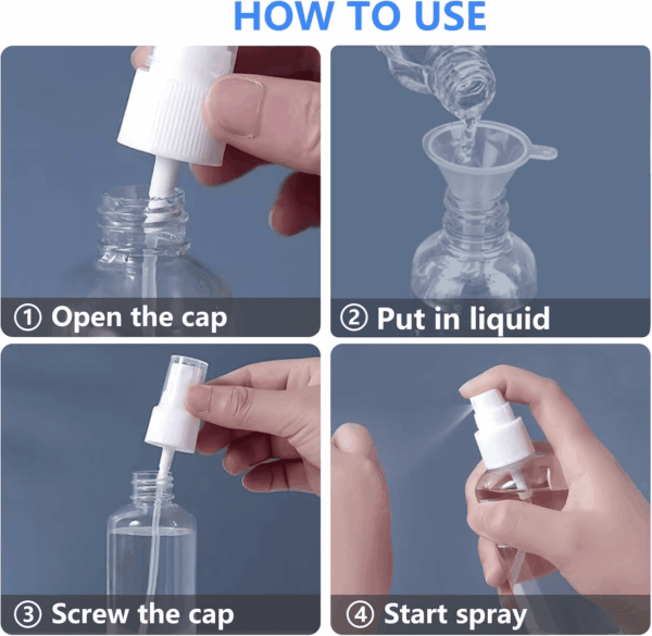 4 Pack 2 Oz (50Ml) Mini Spray Bottles Clear Travel Size Spray Bottles Leak Proof with Funnels and Labels - Image 4