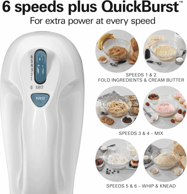 6-Speed Electric Hand Mixer with Whisk, Traditional Beaters, Snap-On Storage Case, 250 Watts, White - Image 3