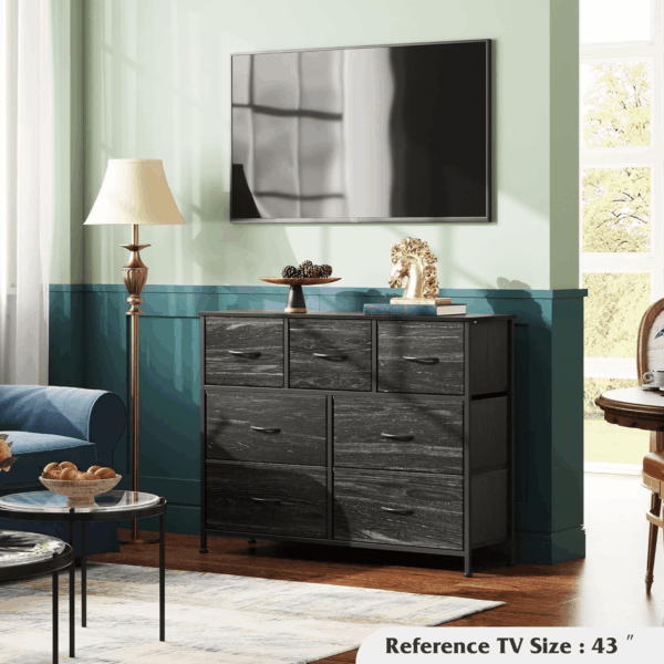 7 Drawer Dresser TV Stand, Entertainment Center, Media Console Table with Metal Frame and Wood Top for TV up to 45 Inch, Chest of Drawers for Bedroom, Charcoal Black Wood Grain Print - Image 2
