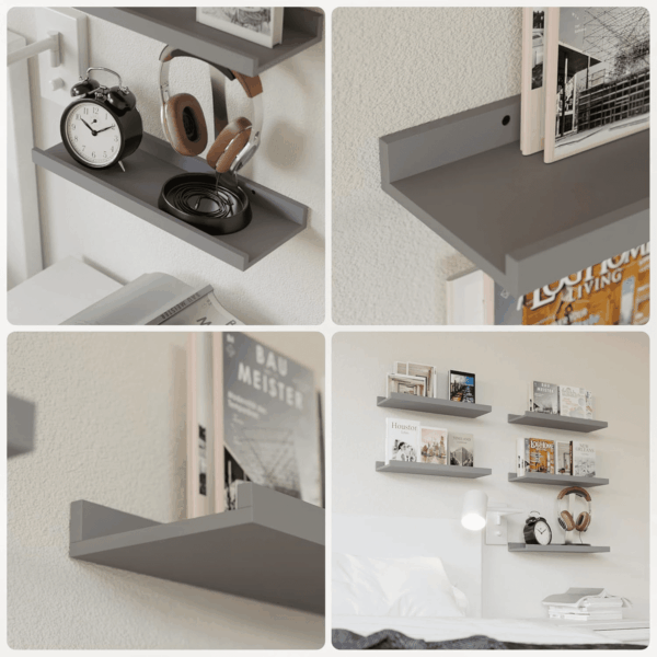 Mounted Shelves for Wall Decor, Modern Picture Ledge Shelf with Lip for Wall Storage Nursery, Bedroom, Living Room, Bathroom - Grey - Image 7