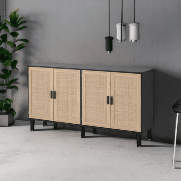 4 Door Sideboard Buffet Cabinet, Kitchen Storage Cabinet with Rattan Decorated Doors, Cupboard Console Table, Boho Accent Liquor Cabinet, Bar Cabient, 62.3X 15.7X 34.6 Inches, Black - Image 5