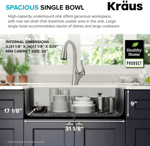 Dex 33-Inch Undermount 16 Gauge Stainless Steel Single Bowl Kitchen Sink, KA1US33B - Image 4