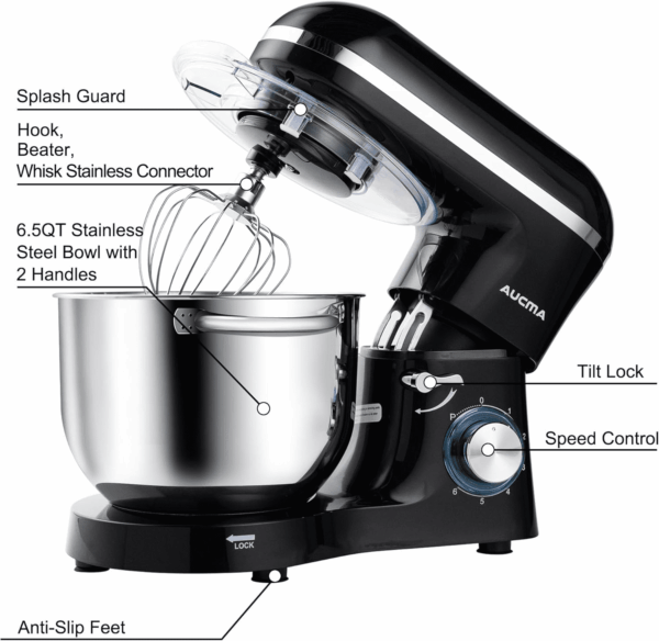 Stand Mixer,6.5-Qt 660W 6-Speed Tilt-Head Food Mixer, Kitchen Electric Mixer with Dough Hook, Wire Whip & Beater (6.5QT, Black) - Image 2