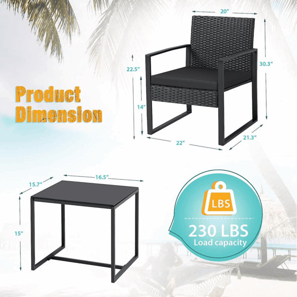 3 Pieces Patio Set Outdoor Wicker Furniture Sets Modern Rattan Chair Conversation Sets with Coffee Table for Yard and Bistro (Black) - Image 7